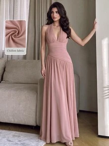 Modelyn Women's Gentle Style Pleated Halter Neck Formal Evening Gown (Heavy Craftsmanship) - Dusty Pink - View 1