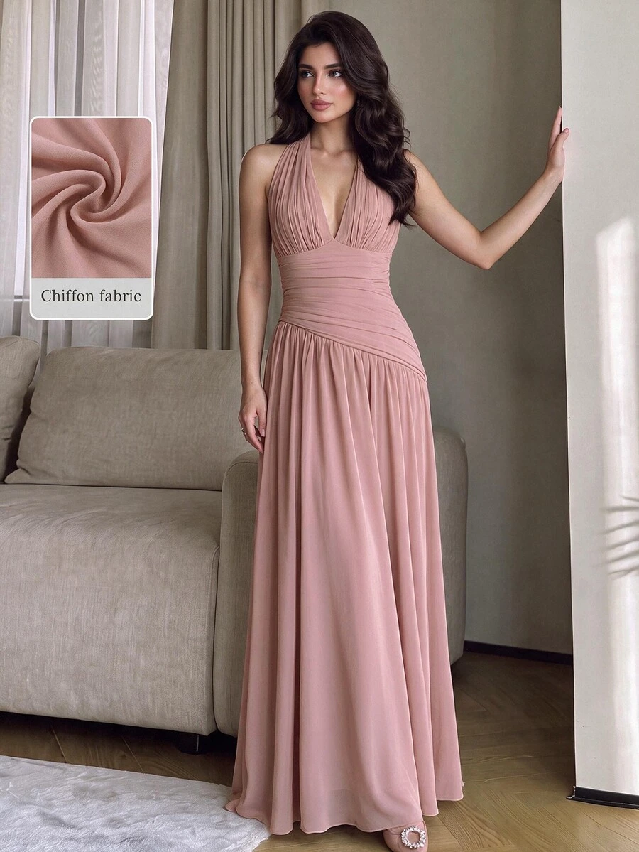 Modelyn Women's Gentle Style Pleated Halter Neck Formal Evening Gown (Heavy Craftsmanship) - Dusty Pink - View 1