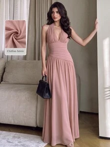 Modelyn Women's Gentle Style Pleated Halter Neck Formal Evening Gown (Heavy Craftsmanship) - Dusty Pink - View 3