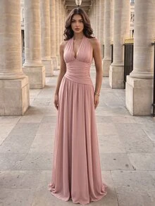 Modelyn Women's Gentle Style Pleated Halter Neck Formal Evening Gown (Heavy Craftsmanship) - Dusty Pink - View 7