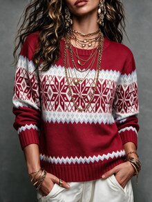 Louniche 女款秋冬新款時尚度假穿搭 紅色圓領長袖雪花提花優雅休閒通勤針織套頭毛衣 - 紅色 - 查看 4
