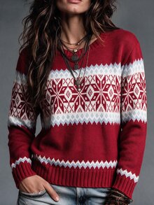 Louniche 女款秋冬新款時尚度假穿搭 紅色圓領長袖雪花提花優雅休閒通勤針織套頭毛衣 - 紅色 - 查看 3