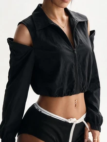 Slayform 2026 Women Fashion Autumn And Winter Black Solid Color Open Shoulder Short Sports Jacket, Shoulder Seam Invisible Zipper Can Be Opened - Black - View 5