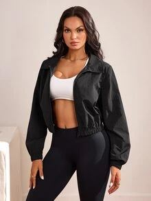 Slayform 2026 Women Fashion Autumn And Winter Black Solid Color Open Shoulder Short Sports Jacket, Shoulder Seam Invisible Zipper Can Be Opened - Black - View 3