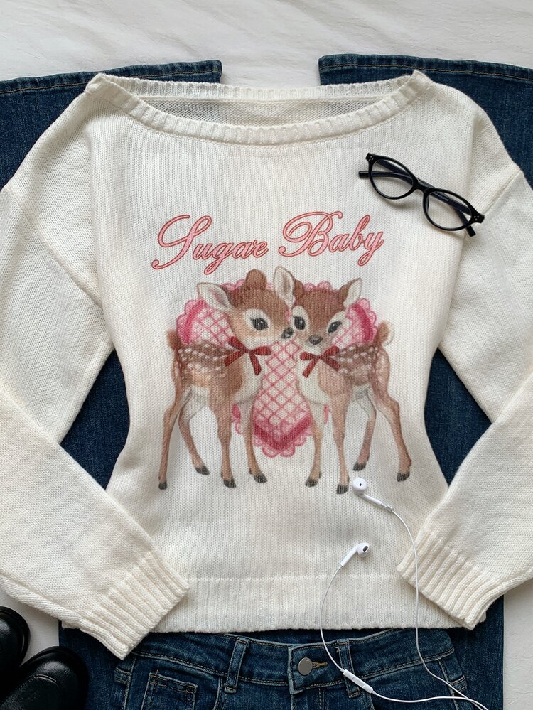 Comfortcana Women's Cartoon Print Casual Cute Daily Long Sleeve Sweater School Colorful Autumn - White - View 6