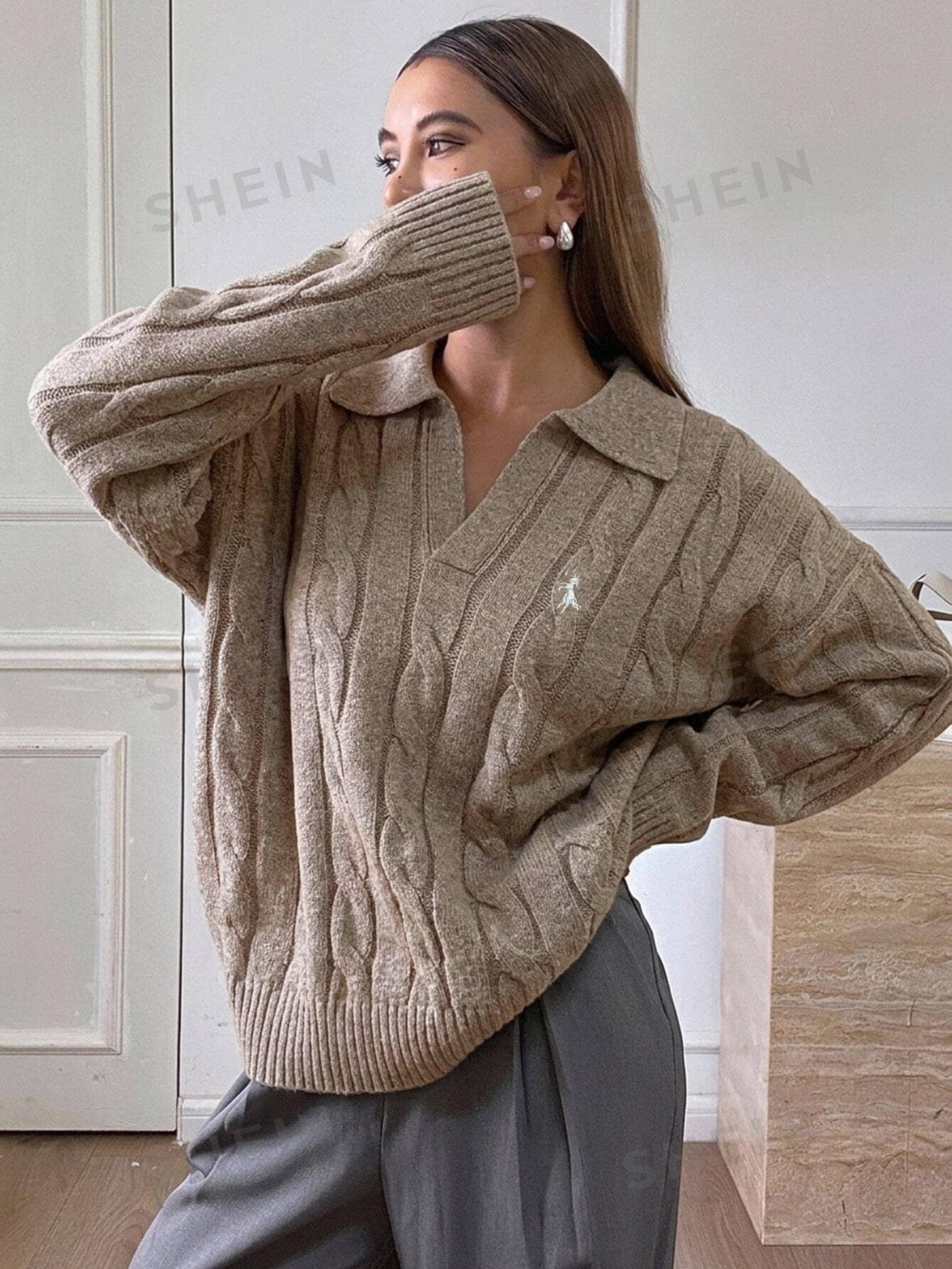 DAZY Women's V-Neck Embroidered Cable Knit Sweater, Loose Fit Design, Autumn/Winter - Camel - View 1