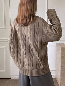 DAZY Women's V-Neck Embroidered Cable Knit Sweater, Loose Fit Design, Autumn/Winter - Camel - View 2