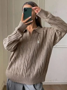 DAZY Women's V-Neck Embroidered Cable Knit Sweater, Loose Fit Design, Autumn/Winter - Camel - View 5