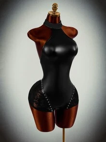 Amplova PU Leather Contrast Lace Tie Backless Unitard Romper Halloween Night Out Going Out Black Autumn Sexy Goth - Black - View 4