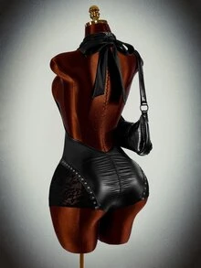 Amplova PU Leather Contrast Lace Tie Backless Unitard Romper Halloween Night Out Going Out Black Autumn Sexy Goth - Black - View 1