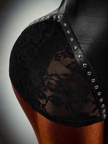 Amplova PU Leather Contrast Lace Tie Backless Unitard Romper Halloween Night Out Going Out Black Autumn Sexy Goth - Black - View 8