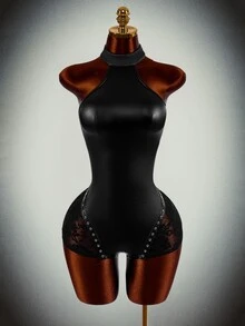 Amplova PU Leather Contrast Lace Tie Backless Unitard Romper Halloween Night Out Going Out Black Autumn Sexy Goth - Black - View 3