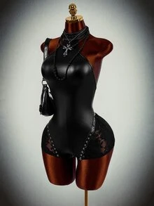 Amplova PU Leather Contrast Lace Tie Backless Unitard Romper Halloween Night Out Going Out Black Autumn Sexy Goth - Black - View 10