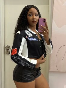 StreetHx 女款街頭風圖案運動賽事機車風短版寬鬆薄款夾克 外出夜生活 黑白配色 秋季 - 黑與白 - 查看 8