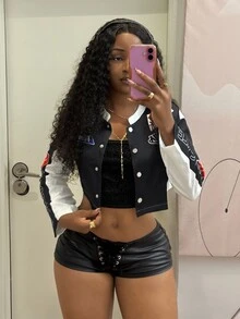 StreetHx 女款街頭風圖案運動賽事機車風短版寬鬆薄款夾克 外出夜生活 黑白配色 秋季 - 黑與白 - 查看 6