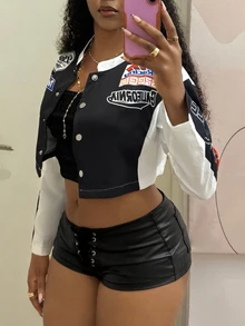 StreetHx 女款街頭風圖案運動賽事機車風短版寬鬆薄款夾克 外出夜生活 黑白配色 秋季 - 黑與白 - 查看 3