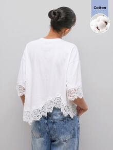 Maija Women's Lace Patchwork Casual Elegant Daily Brunch T-Shirt White Summer - White - View 5