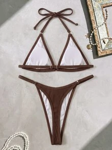 Swim SXY Women's Solid Color Halter Tie Sexy Bikini Swimwear Set For Summer Beach Vacation - Brown - View 3