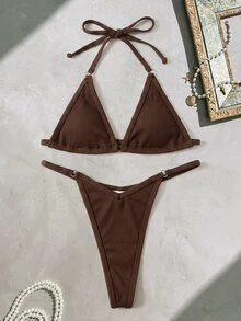 Swim SXY Women's Solid Color Halter Tie Sexy Bikini Swimwear Set For Summer Beach Vacation - Brown - View 2