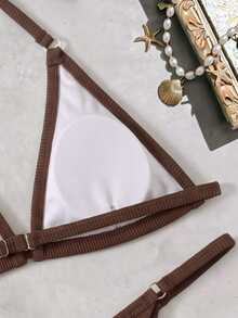 Swim SXY Women's Solid Color Halter Tie Sexy Bikini Swimwear Set For Summer Beach Vacation - Brown - View 5