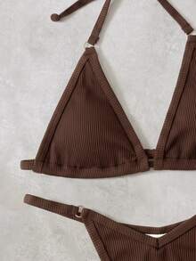 Swim SXY Women's Solid Color Halter Tie Sexy Bikini Swimwear Set For Summer Beach Vacation - Brown - View 4
