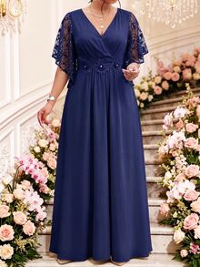 Fleurora Plus Size Women's Patchwork Floral Sequin Mesh Ruffle Sleeve Elegant Dress - Navy Blue - View 6