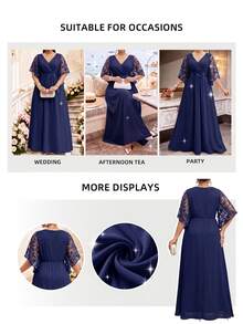 Fleurora Plus Size Women's Patchwork Floral Sequin Mesh Ruffle Sleeve Elegant Dress - Navy Blue - View 5