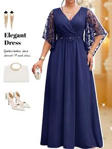 Fleurora Plus Size Women's Patchwork Floral Sequin Mesh Ruffle Sleeve Elegant Dress - Navy Blue - View 4