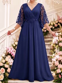 Fleurora Plus Size Women's Patchwork Floral Sequin Mesh Ruffle Sleeve Elegant Dress - Navy Blue - View 2