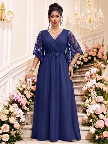Fleurora Plus Size Women's Patchwork Floral Sequin Mesh Ruffle Sleeve Elegant Dress - Navy Blue - View 7