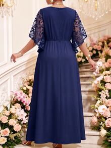Fleurora Plus Size Women's Patchwork Floral Sequin Mesh Ruffle Sleeve Elegant Dress - Navy Blue - View 3