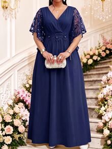 Fleurora Plus Size Women's Patchwork Floral Sequin Mesh Ruffle Sleeve Elegant Dress - Navy Blue - View 1