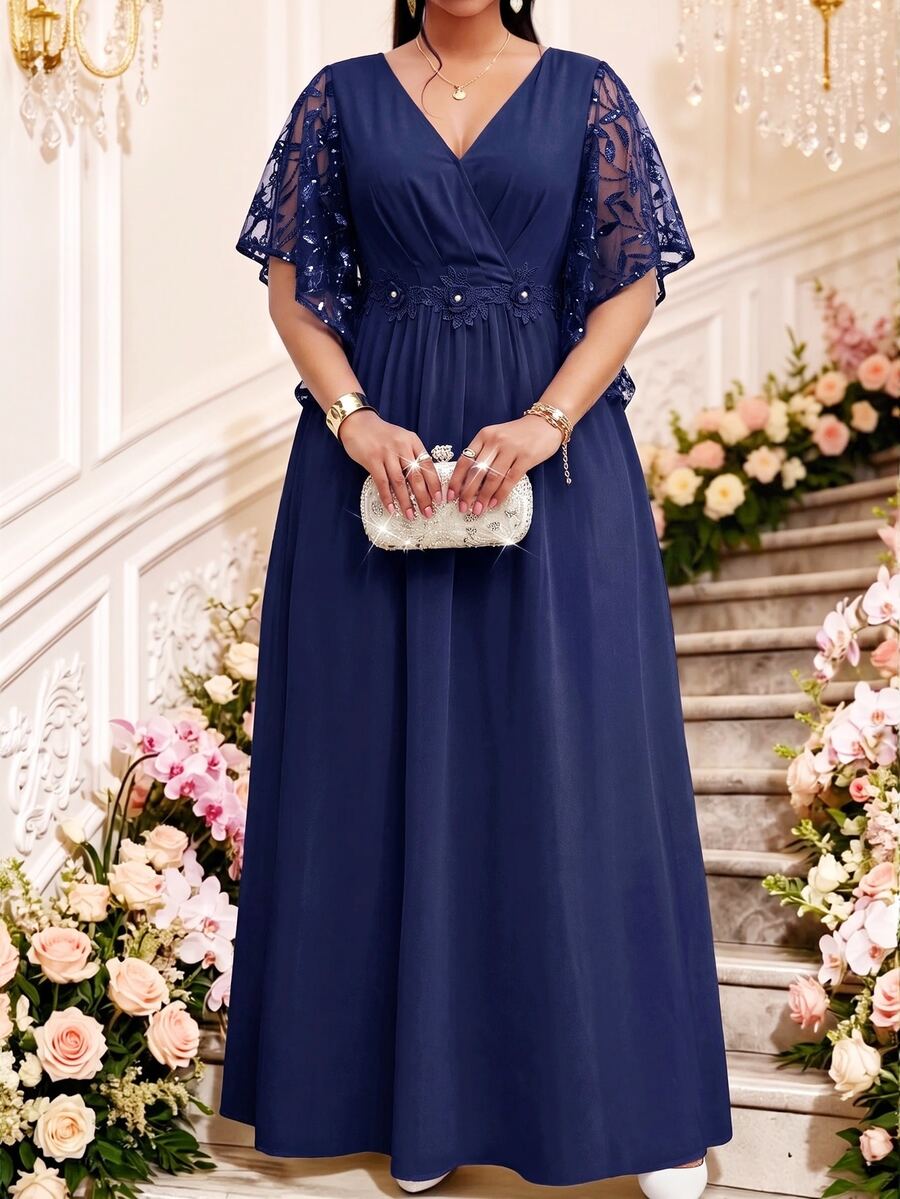 Fleurora Plus Size Women's Patchwork Floral Sequin Mesh Ruffle Sleeve Elegant Dress - Navy Blue - View 1