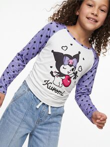 Maija Kids HELLO KITTY AND FRIENDS | SHEIN Maija Kids Tween女孩可愛Y2K針織卡通圖案白色與紫色動物印花拼色插肩袖長袖套頭T恤校園秋季款 - 紫色 - 查看 6