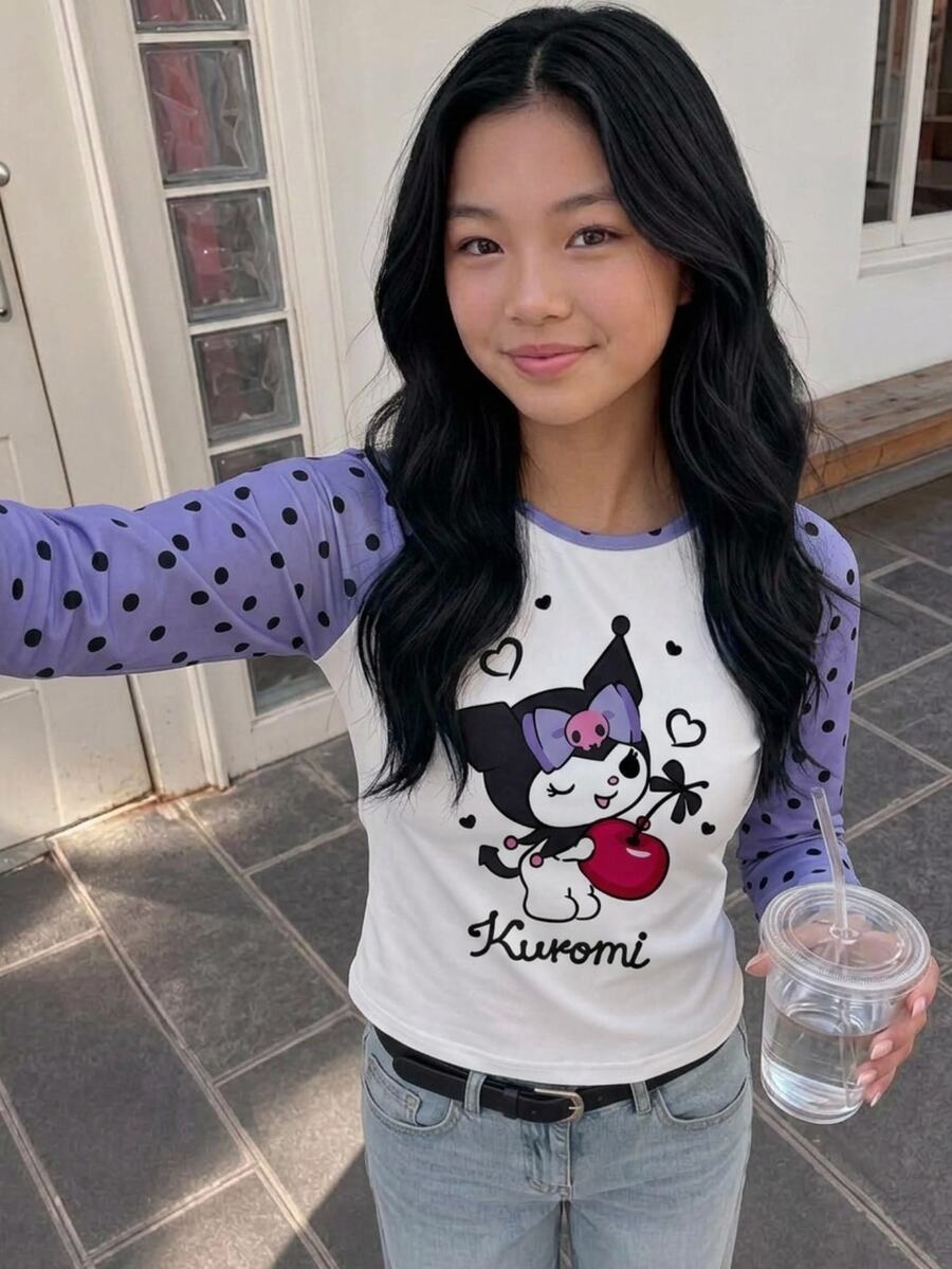 Maija Kids HELLO KITTY AND FRIENDS | SHEIN Maija Kids Tween女孩可愛Y2K針織卡通圖案白色與紫色動物印花拼色插肩袖長袖套頭T恤校園秋季款 - 紫色 - 查看 1