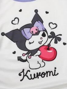 Maija Kids HELLO KITTY AND FRIENDS | SHEIN Maija Kids Tween女孩可愛Y2K針織卡通圖案白色與紫色動物印花拼色插肩袖長袖套頭T恤校園秋季款 - 紫色 - 查看 4