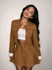 SHEIN BamGlam This Is The Latest Fall/Winter Design Of The Lady's Stand-Up Collar Front-Opening Decorative Button. The Contrasting Color Cuffs Make It A Short And S - Brown - View 5