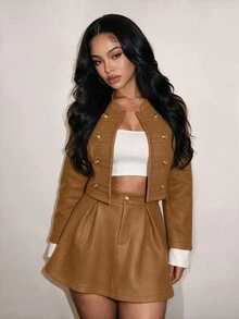 SHEIN BamGlam This Is The Latest Fall/Winter Design Of The Lady's Stand-Up Collar Front-Opening Decorative Button. The Contrasting Color Cuffs Make It A Short And S - Brown - View 4
