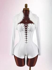 Amplova Faux Fur Collar High Elasticity Color-Block Bodycon Skinny Waist-Cinching Eyelet Ultra Short Mini Women's Jumpsuit, Long Style, Autumn/Winter - White - View 1