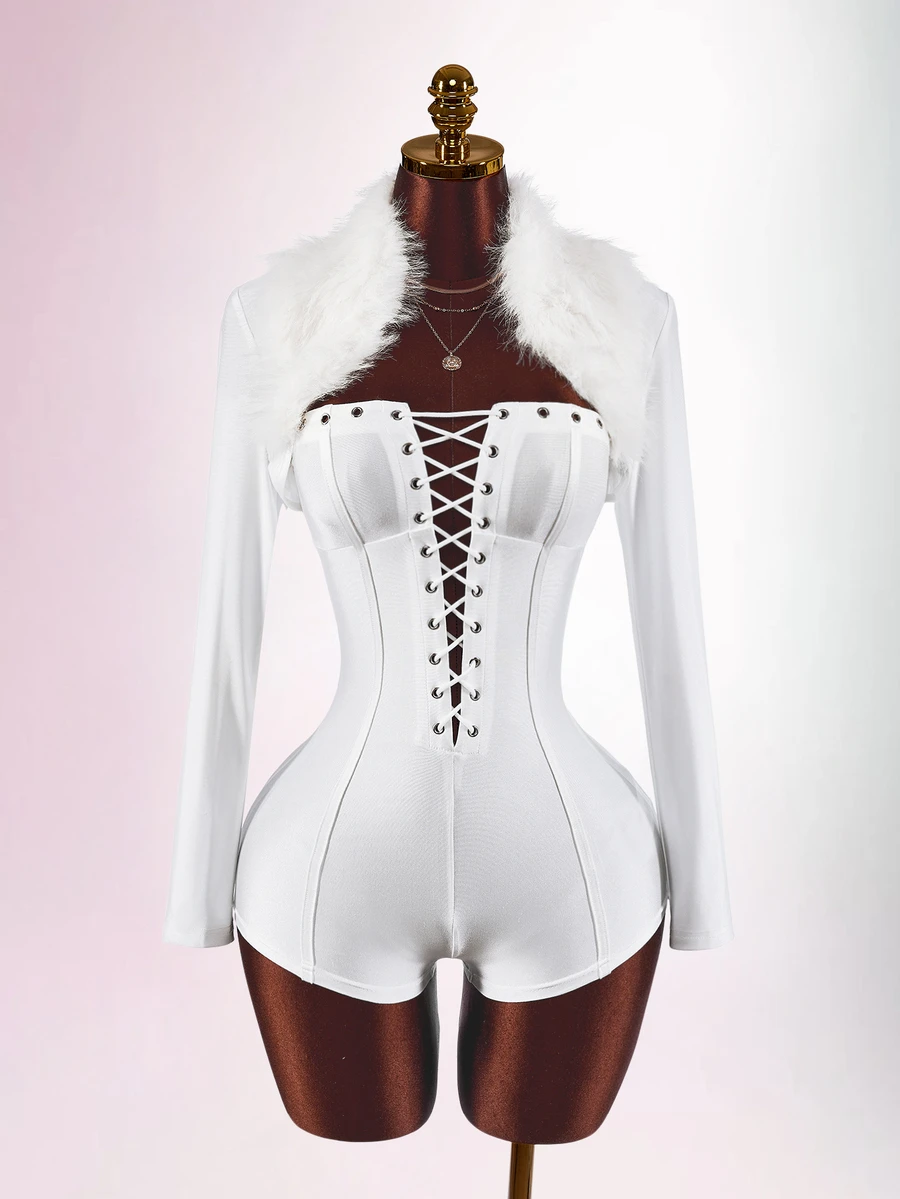 Amplova Faux Fur Collar High Elasticity Color-Block Bodycon Skinny Waist-Cinching Eyelet Ultra Short Mini Women's Jumpsuit, Long Style, Autumn/Winter - White - View 1