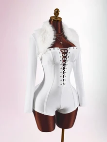 Amplova Faux Fur Collar High Elasticity Color-Block Bodycon Skinny Waist-Cinching Eyelet Ultra Short Mini Women's Jumpsuit, Long Style, Autumn/Winter - White - View 4