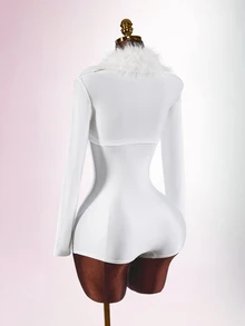 Amplova Faux Fur Collar High Elasticity Color-Block Bodycon Skinny Waist-Cinching Eyelet Ultra Short Mini Women's Jumpsuit, Long Style, Autumn/Winter - White - View 10