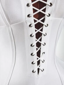 Amplova Faux Fur Collar High Elasticity Color-Block Bodycon Skinny Waist-Cinching Eyelet Ultra Short Mini Women's Jumpsuit, Long Style, Autumn/Winter - White - View 7