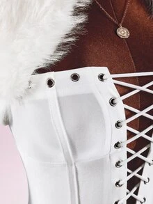 Amplova Faux Fur Collar High Elasticity Color-Block Bodycon Skinny Waist-Cinching Eyelet Ultra Short Mini Women's Jumpsuit, Long Style, Autumn/Winter - White - View 6