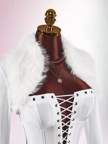 Amplova Faux Fur Collar High Elasticity Color-Block Bodycon Skinny Waist-Cinching Eyelet Ultra Short Mini Women's Jumpsuit, Long Style, Autumn/Winter - White - View 5