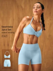 GLOWMODE Ultrafine Soft Seamless SummerGlow Open Back Halter Sports Bra & 4.3" Scrunch Butt-Lifting Non-See Through Biker Shorts Active Set Summer Gym - Blue Day - View 1