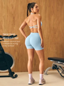 GLOWMODE Ultrafine Soft Seamless SummerGlow Open Back Halter Sports Bra & 4.3" Scrunch Butt-Lifting Non-See Through Biker Shorts Active Set Summer Gym - Blue Day - View 2