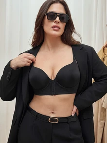 Bralution Black Underwire Molded Cup High Support Push-Up Lifting Front Closure Side-Smoothing Minimalist Comfortable Plus Size Bra - Black - View 2