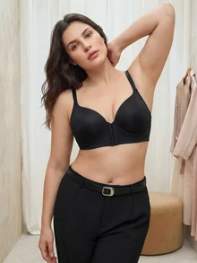 Bralution Black Underwire Molded Cup High Support Push-Up Lifting Front Closure Side-Smoothing Minimalist Comfortable Plus Size Bra - Black - View 3