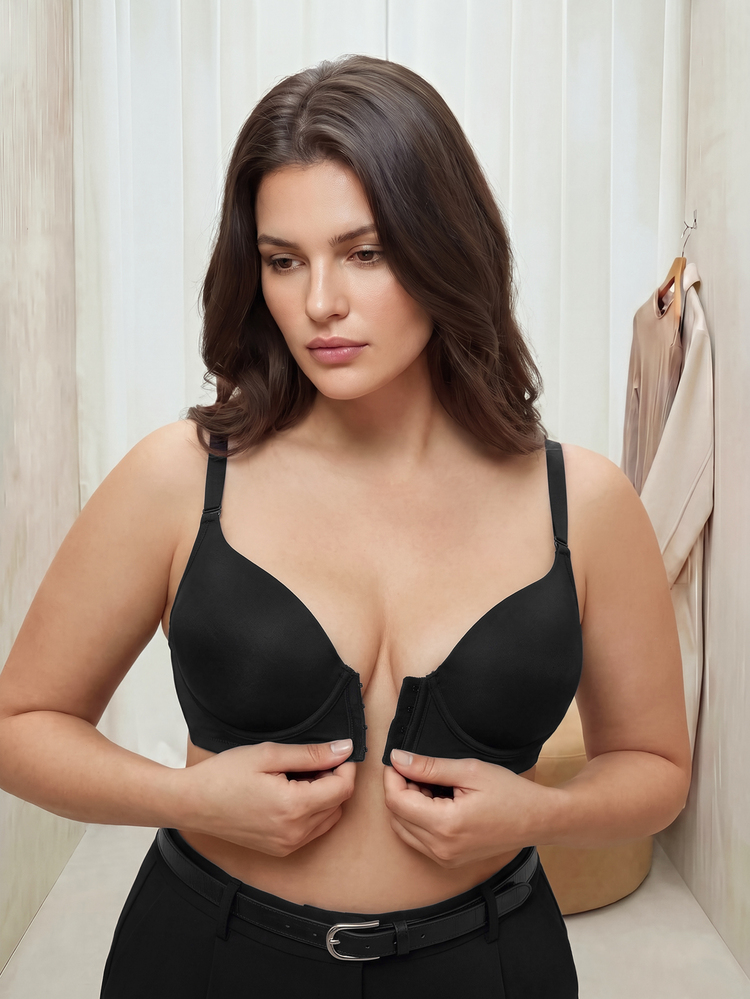 Bralution Black Underwire Molded Cup High Support Push-Up Lifting Front Closure Side-Smoothing Minimalist Comfortable Plus Size Bra - Black - View 1